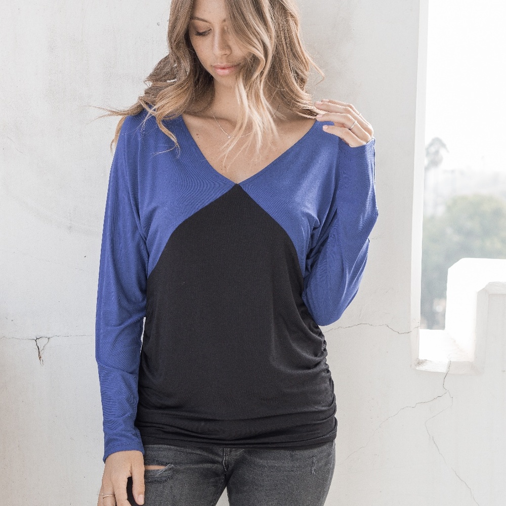 Royal Blue/Black Contrast Side-Ruched Dolman Top